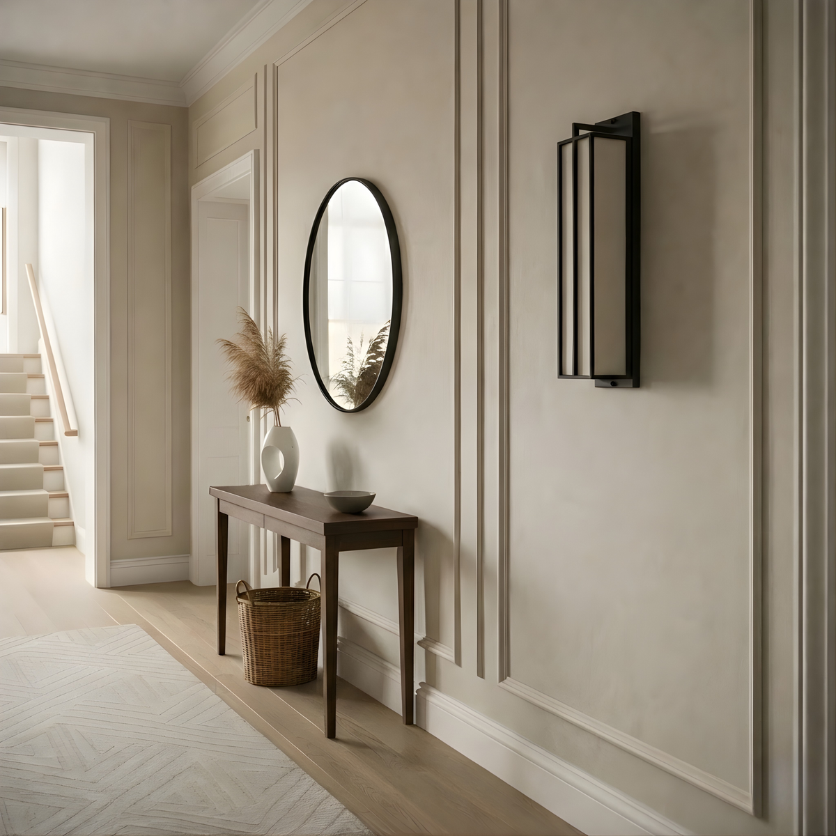 Slatted Linen & Iron Wall Sconce Velmont – Style A lifestyle hallway