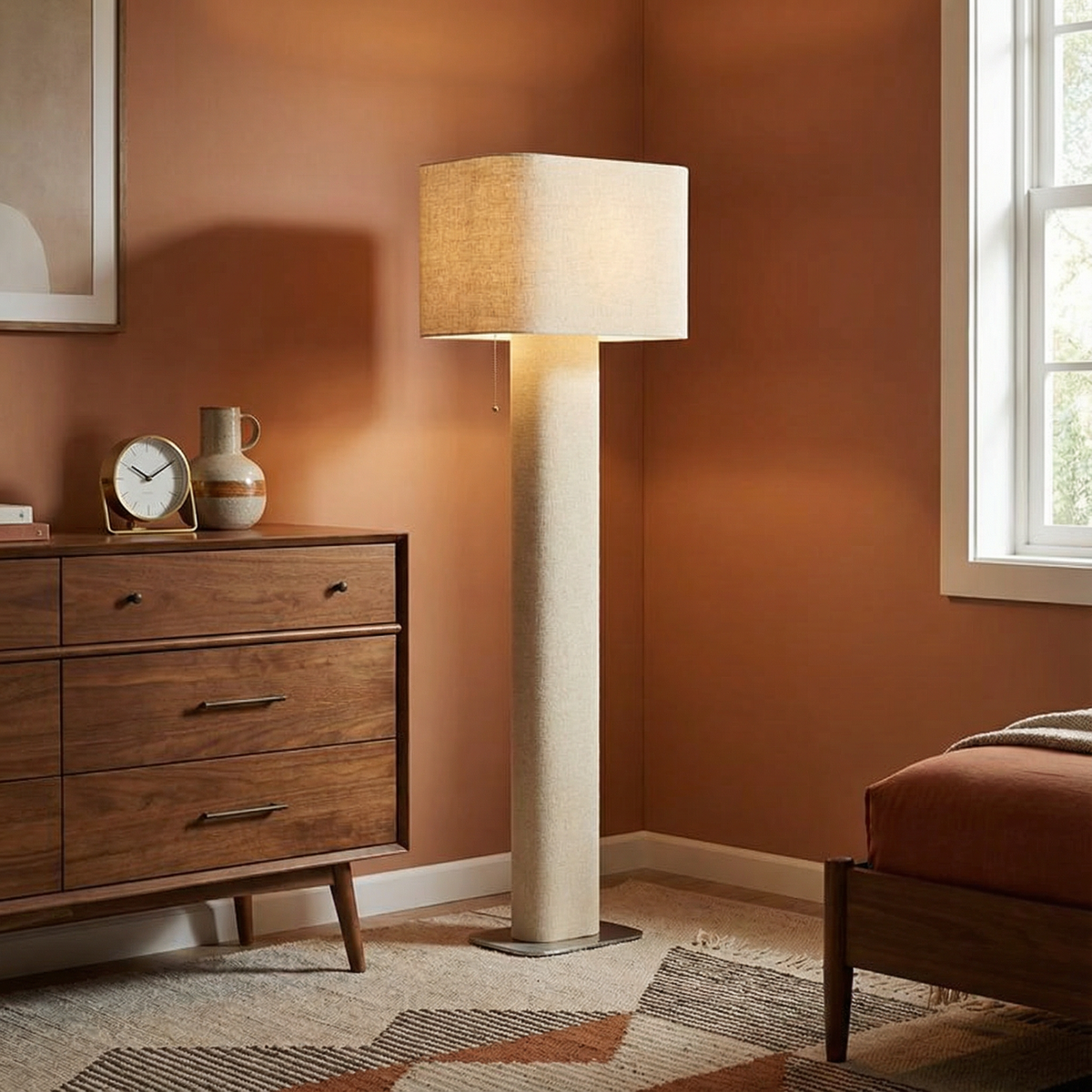 Cream fabric column floor lamp with pull-chain switch