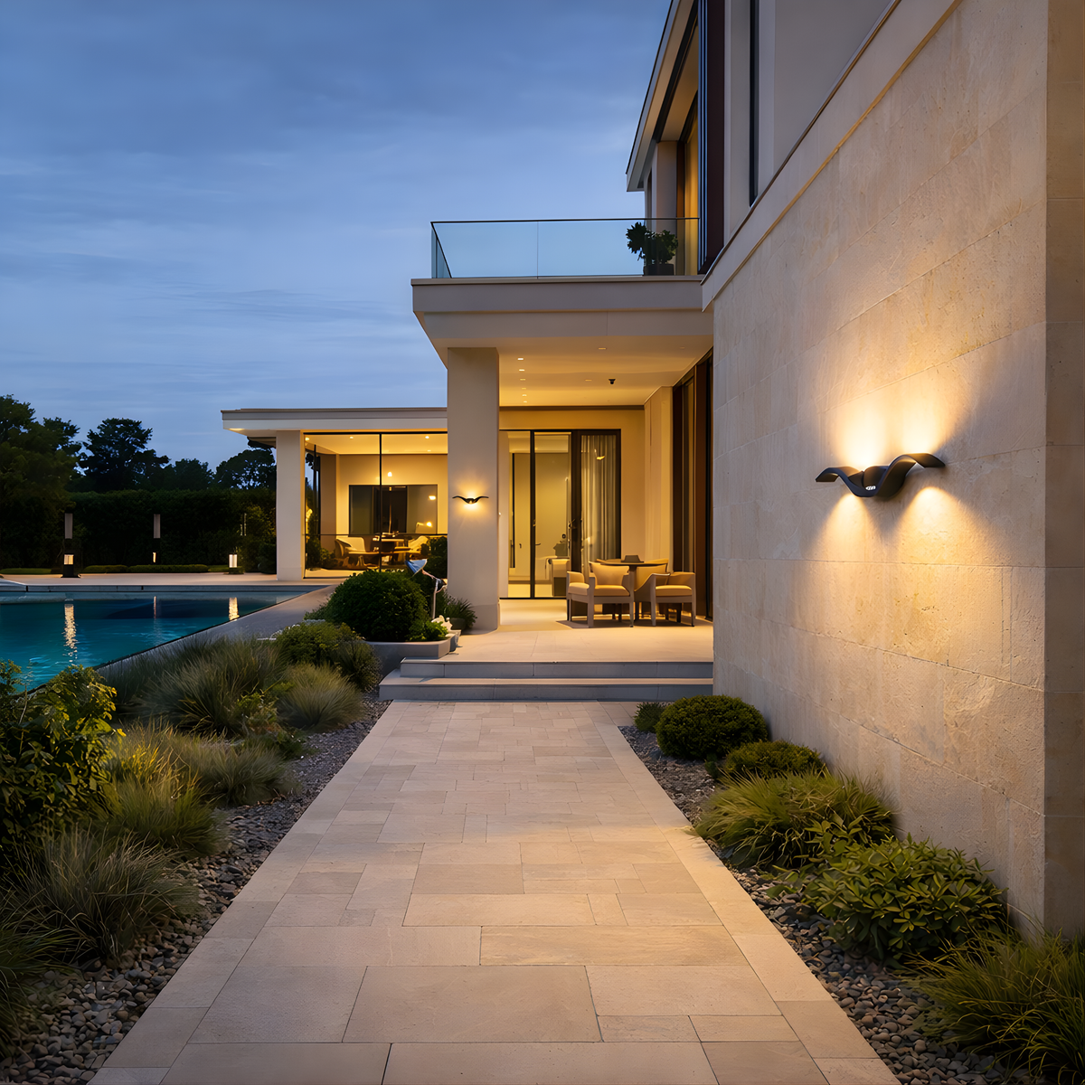 Sculptural Aluminum Outdoor Wall Light Heliox – Black, Lifestyle Night