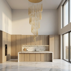 Prismex spiral cascade chandelier in Gold above a kitchen island