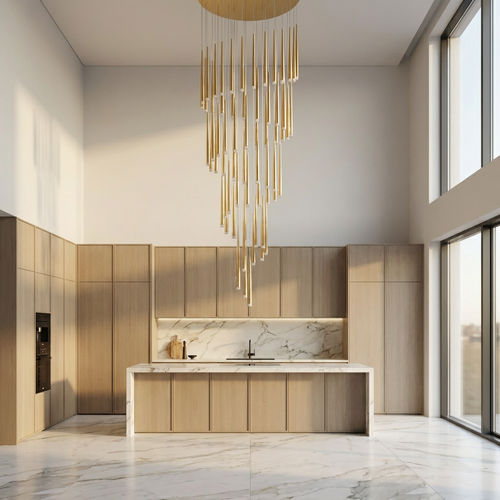 Prismex spiral cascade chandelier in Gold above a kitchen island