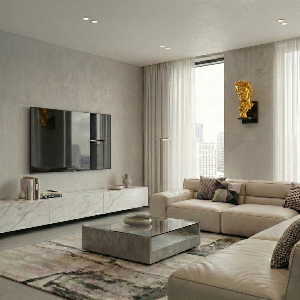 Athela Sculptural Wall Sconce – Gold, Living Room Lifestyle