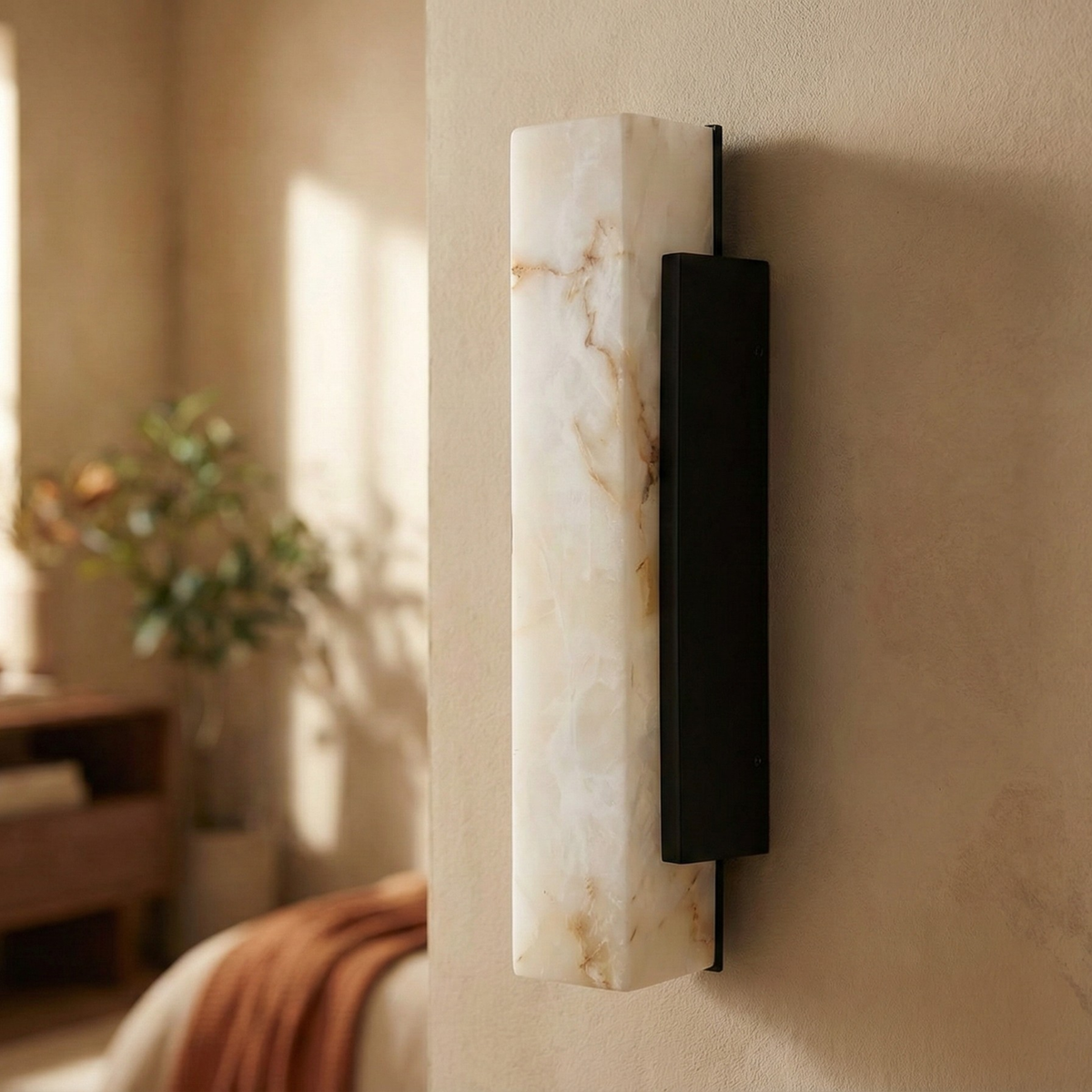 Faux Marble Sculptural Wall Sconce Eswyn – Bedroom Lifestyle