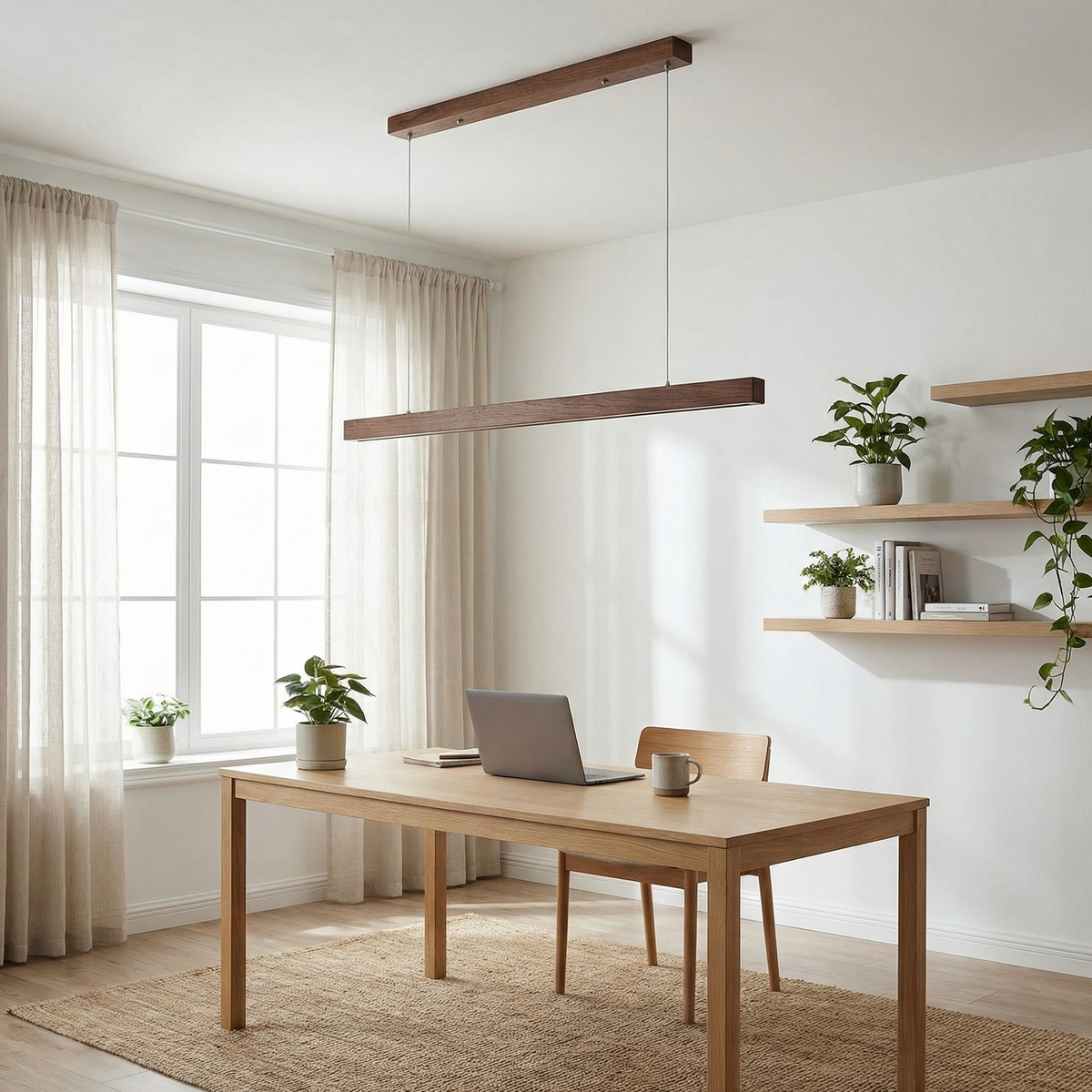 Linear Wood LED Pendant Cemion – Beech Wood, Office Setting