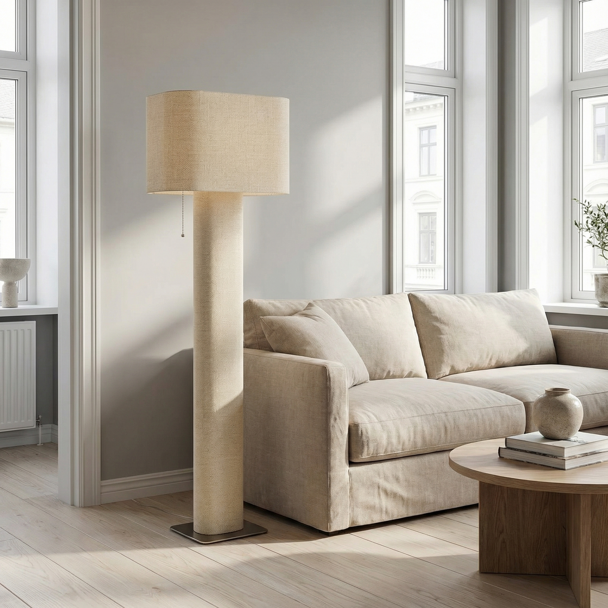 Cream fabric column floor lamp with pull-chain switch