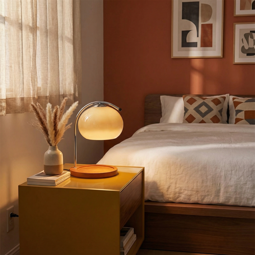 Chrome Arc Candle Warmer Lamp Atmon in Yellow, on a bedroom nightstand