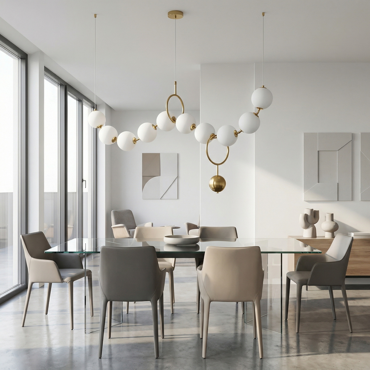 Sculptural Glass Orb Chandelier Ilnox in Brushed Gold above a glass dining table