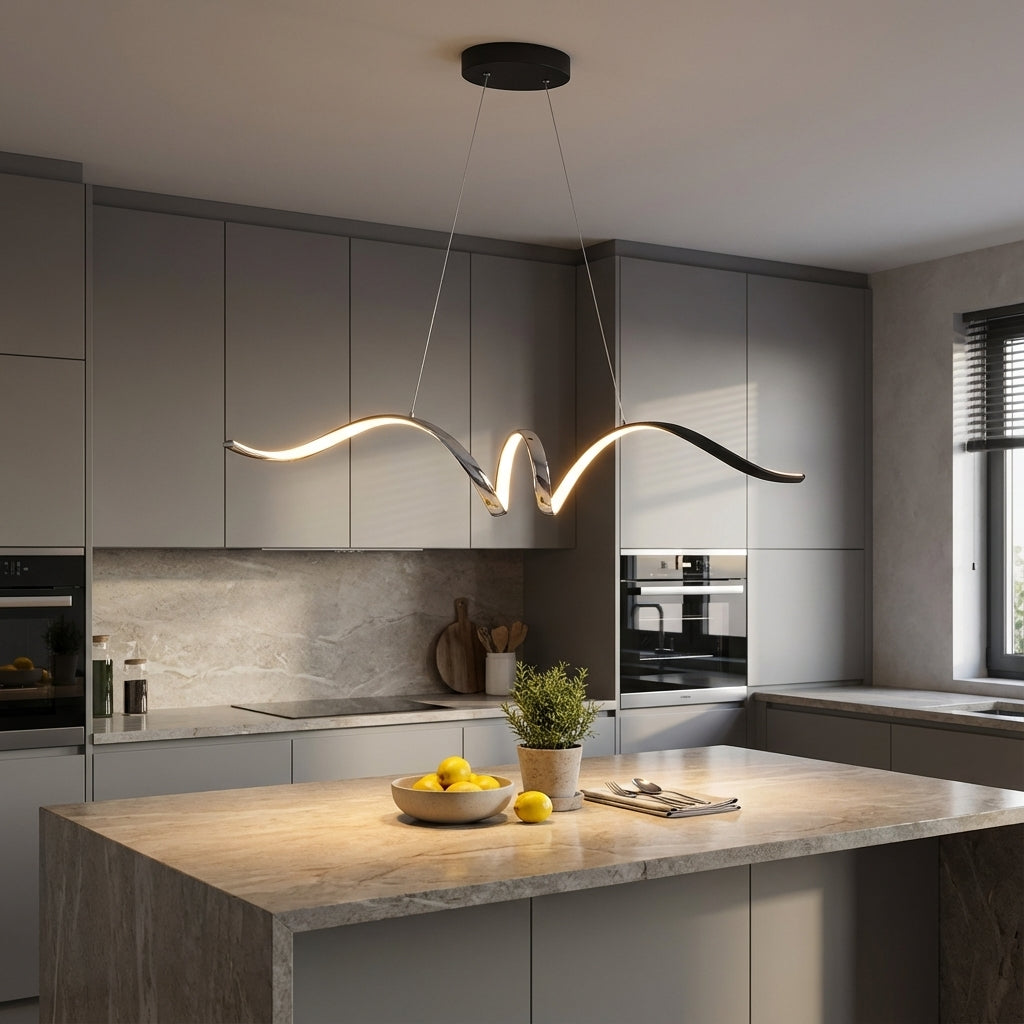Sculptural aluminium wave pendant light in black finish over a kitchen island
