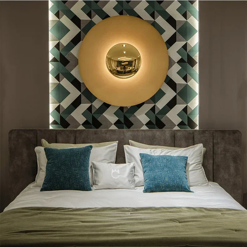 Dravion Eclipse Concave Disc Wall Sconce, Gold & Gold, bedroom lifestyle