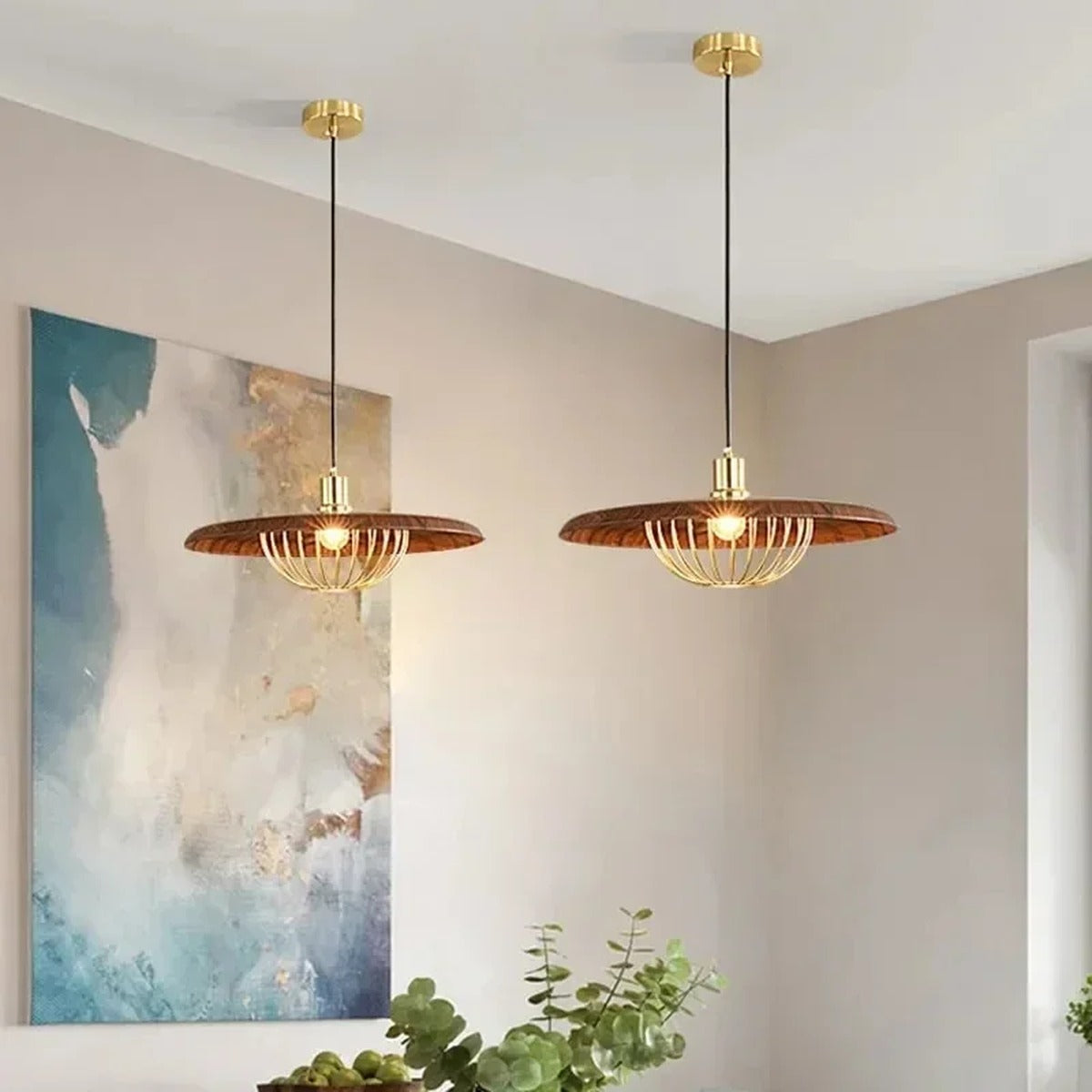 Wood Disc & Brass Wire Cage Pendant Light – Belvora – Hero Shot