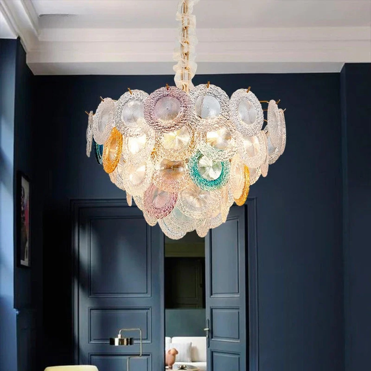 Iridescent Glass Shell Fan Tiered Chandelier – Frostveil – Lifestyle View 2