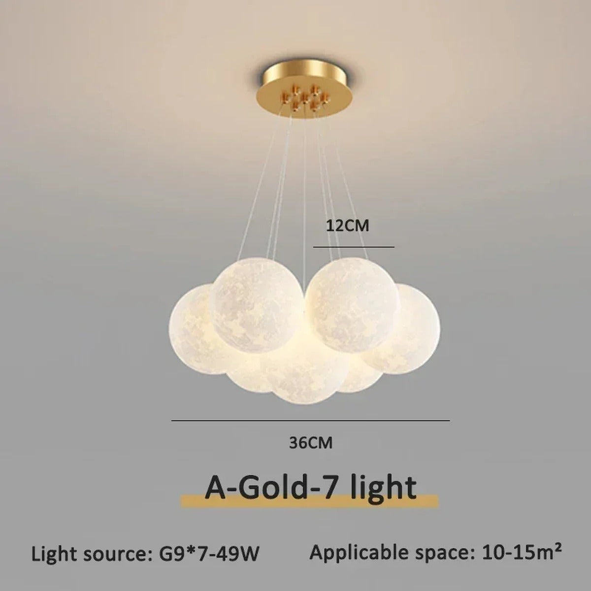 Cascading Moon Sphere Cluster Chandelier – Orineth – Gold, 7-Light Ø12cm