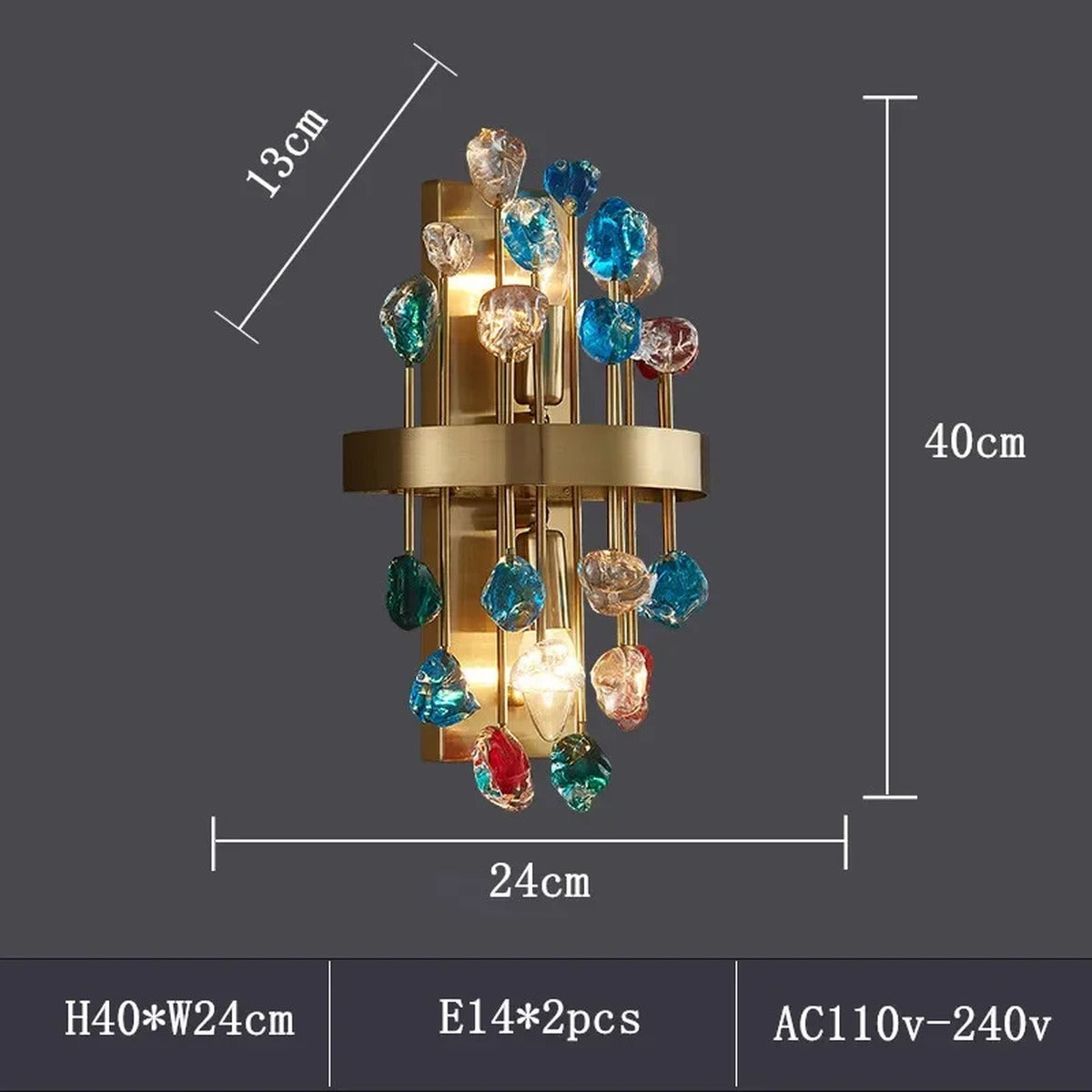 Morvena Rainbow Gemstone Crystal wall sconce dimensions: H40 x W24 x D13cm, E14 x2, AC110-240V