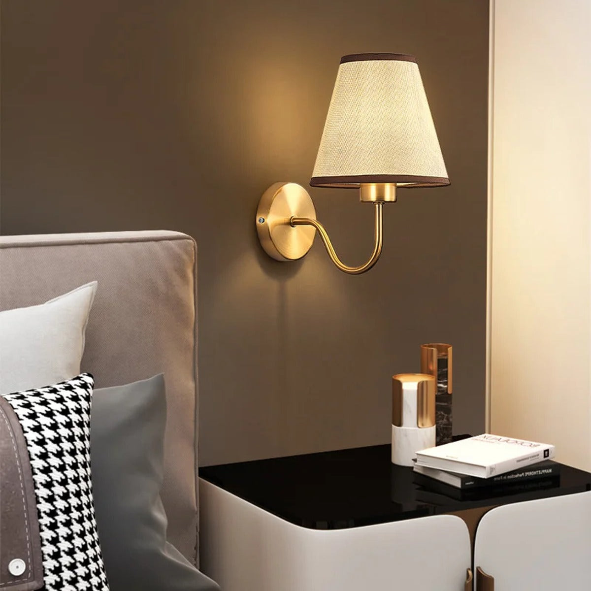 Gold Curved-Arm Empire Shade Wall Sconce – Gravion – Lifestyle View 4