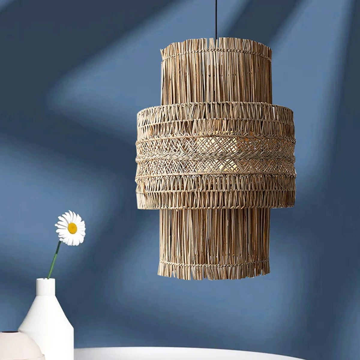 Tiered Bamboo Fringe Cylinder Pendant Light – Melrix – Lifestyle View 2