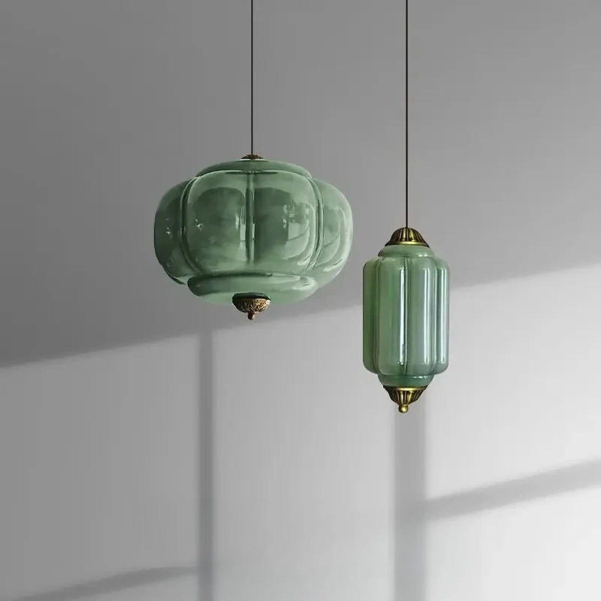Vintage Blown Glass Lantern Pendant Light – Zarleth – Pumpkin and Cylinder Tower Shapes, Jade Green