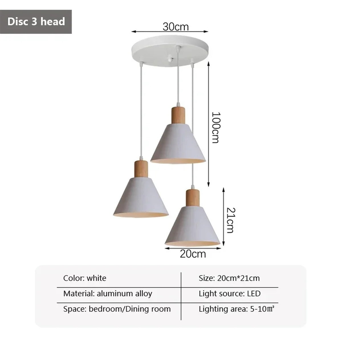 Ulion — white, round disc plate, dimension diagram (Ø30cm plate, 20×21cm shades, 100cm drop)