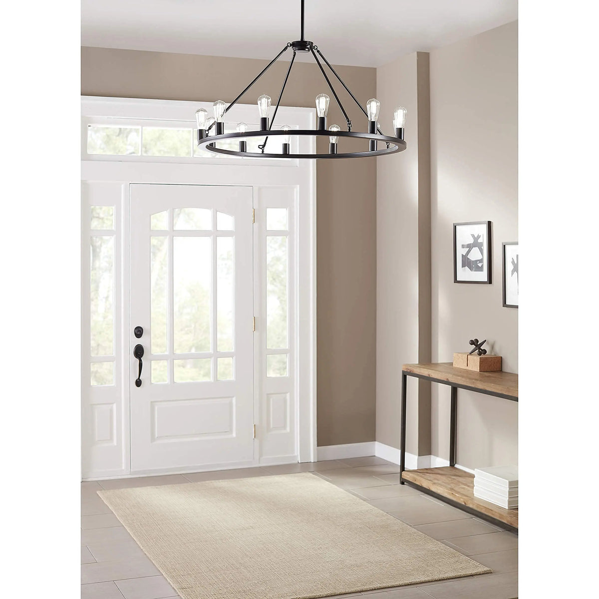 Modern Farmhouse Iron Wagon-Wheel Chandelier — entryway lifestyle