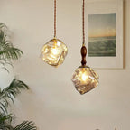 Organic Crumpled Glass Pendant Light Tolux — Brass Fitting and Walnut Neck styles together, warm lifestyle setting