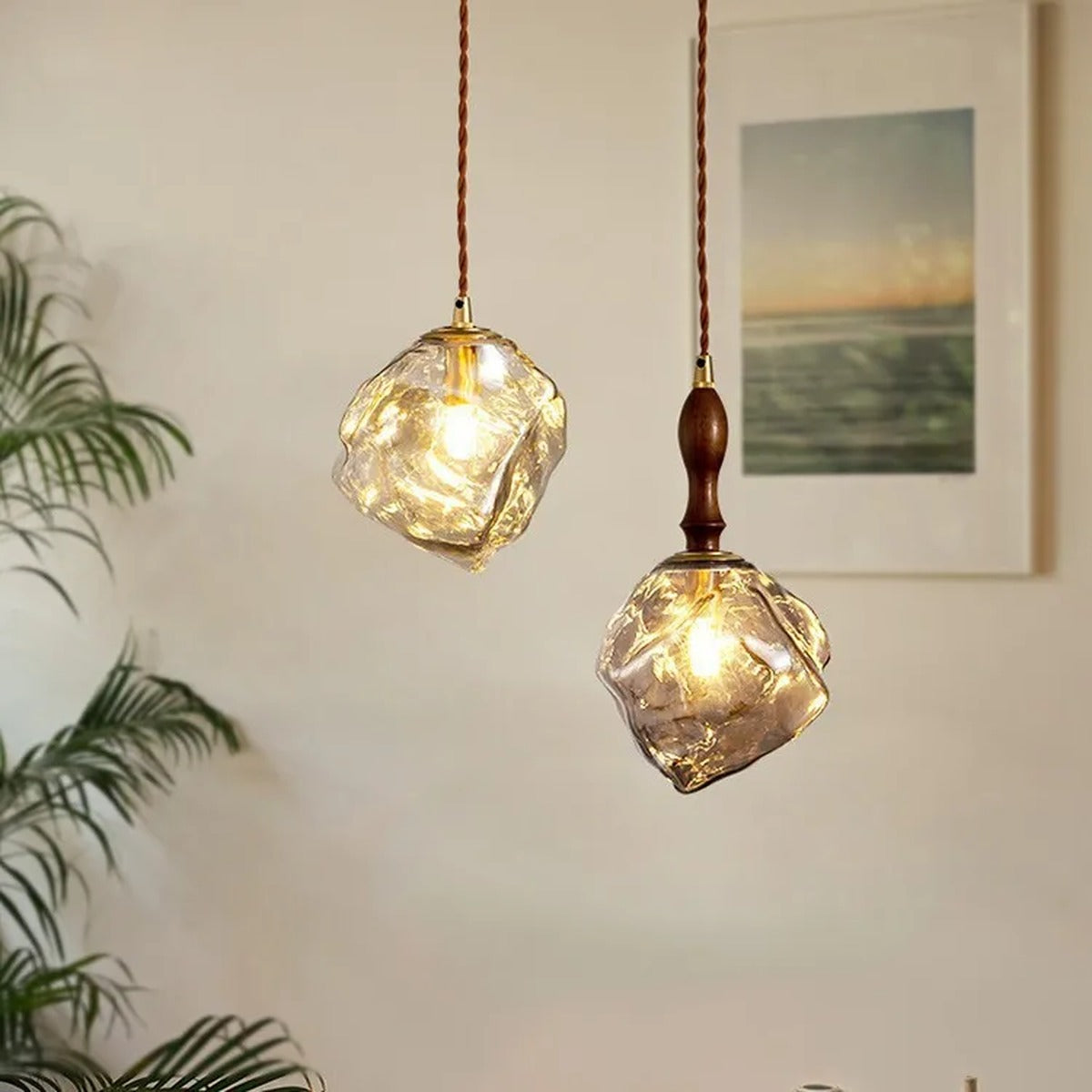 Organic Crumpled Glass Pendant Light Tolux — Brass Fitting and Walnut Neck styles together, warm lifestyle setting