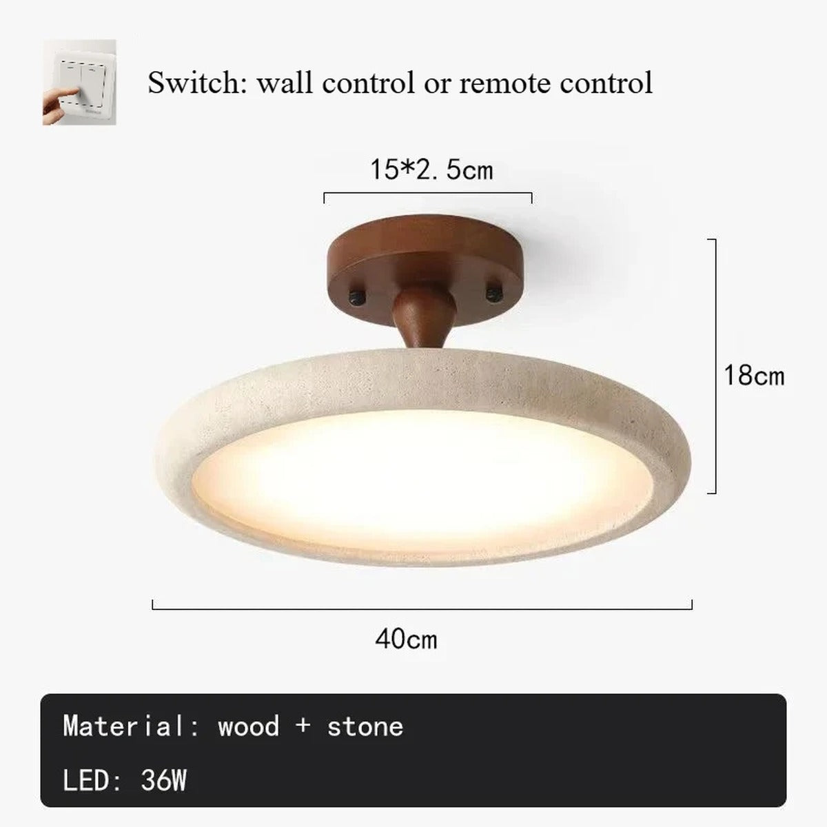 Stone & Walnut Flush Ceiling Light – Terrox – Product Detail 8