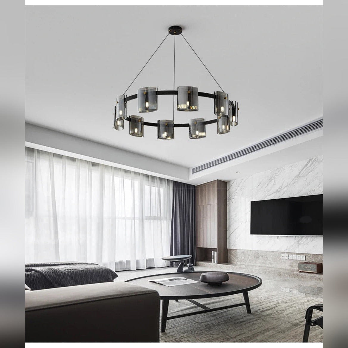 Kelrix chandelier in Smoke Grey glass, evening ambiance