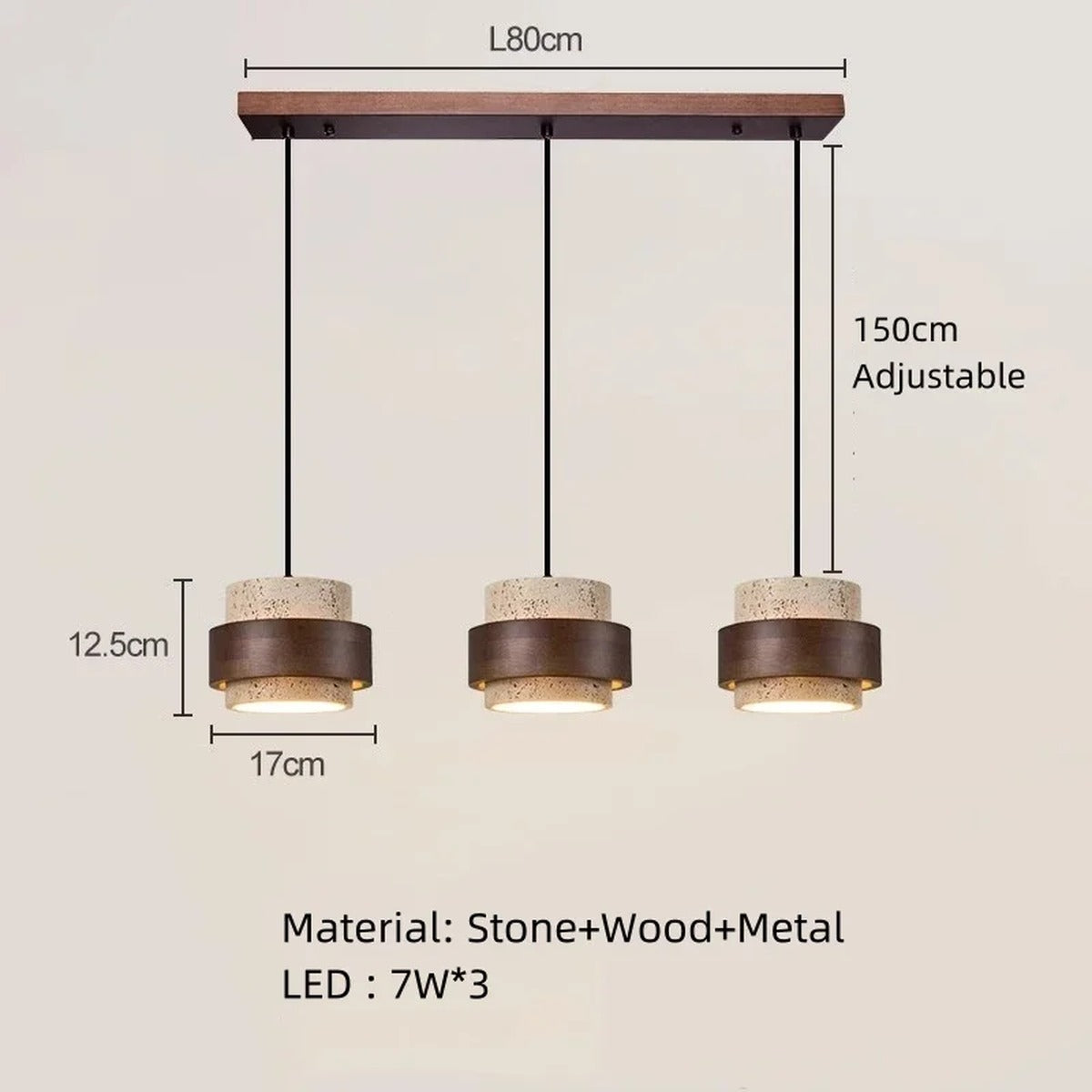 Travertine Drum Pendant Bar Light – Kevorn – 3-Head Dimensions