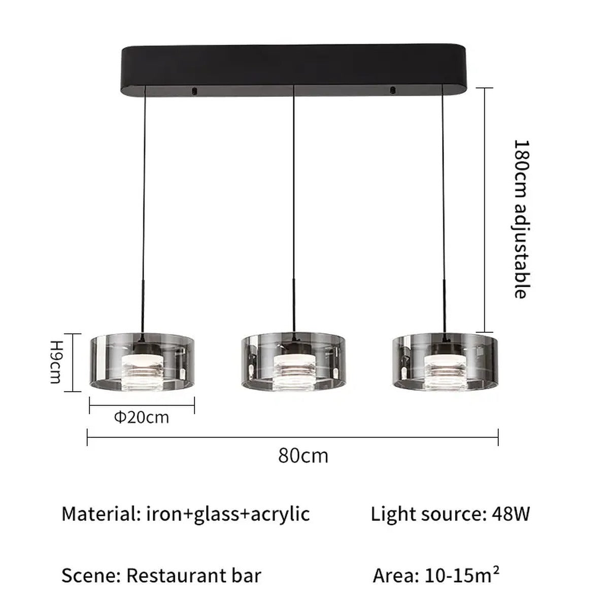 Smoked Glass Drum Pendant Light Orinthe – Linear 3-Light Bar, Fixed Drop dimensions