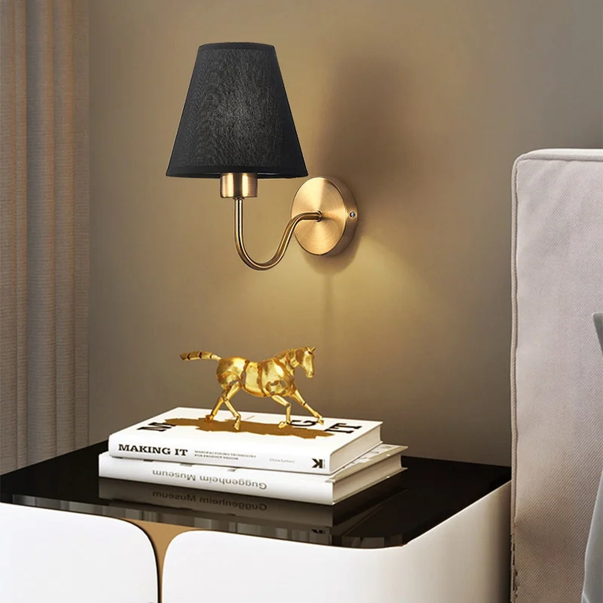 Gold Curved-Arm Empire Shade Wall Sconce – Gravion – Hero Shot