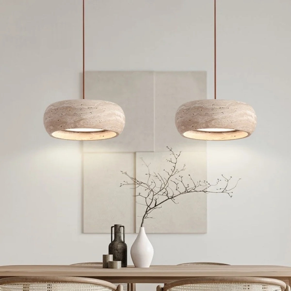 Natural Travertine Disc Pendant Light – Iaeston – Lifestyle View 3