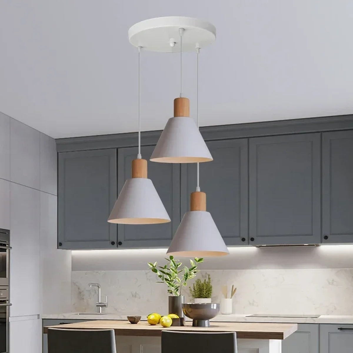 Ulion — white version, round disc plate, above kitchen island