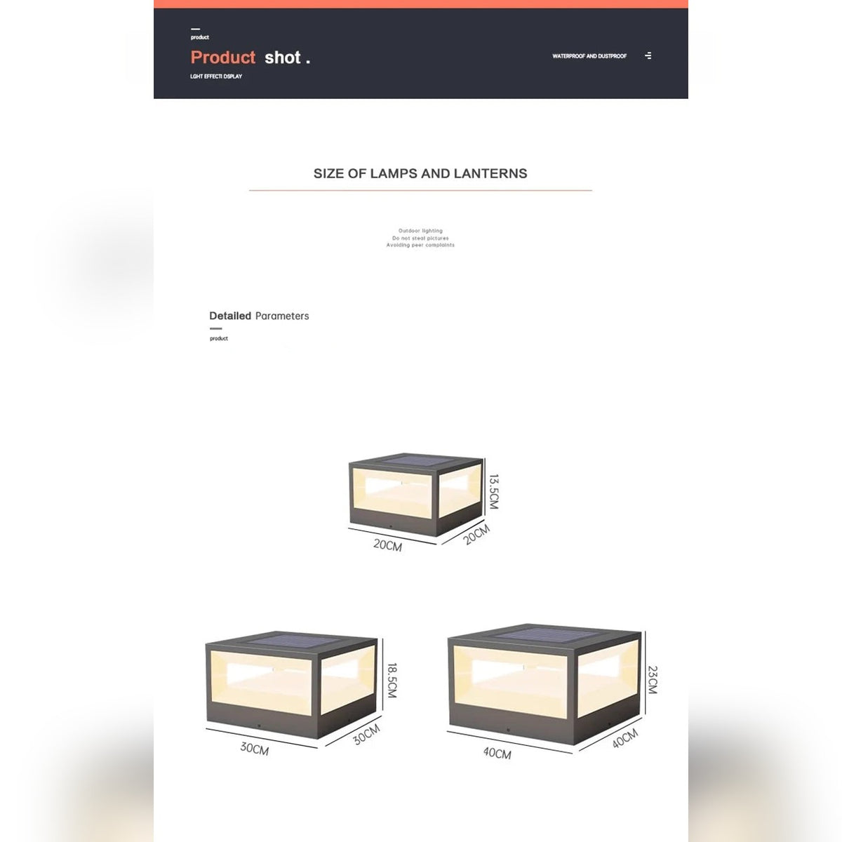 Ferronex pillar cap light dimensions - 20cm, 30cm, 40cm sizes