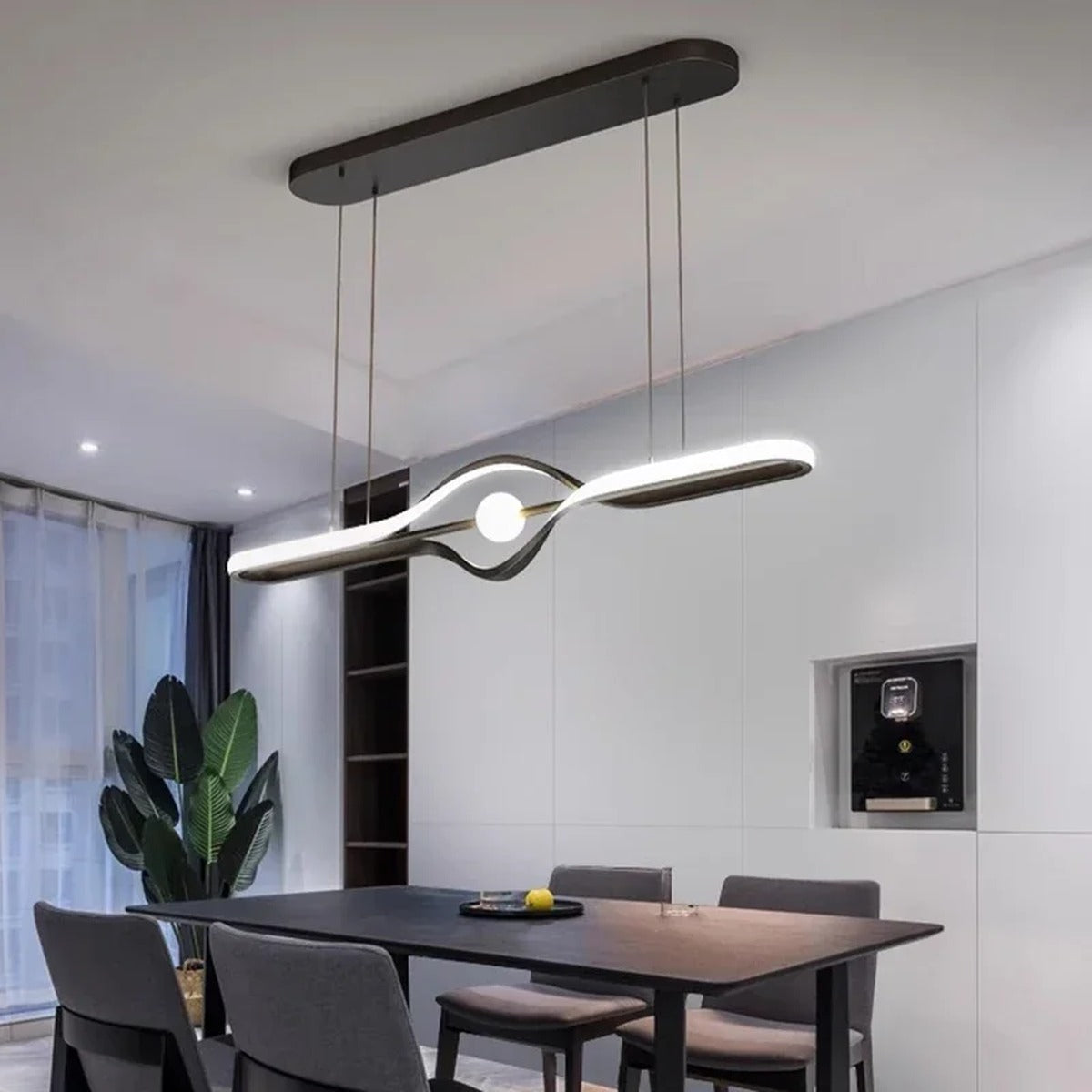 Ondara sinuous wave linear LED pendant light — dining room view