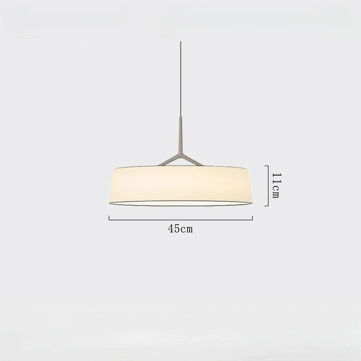 Slender Stem Flat Drum Pendant Light – Walvorn – Grey finish, studio view with dimensions