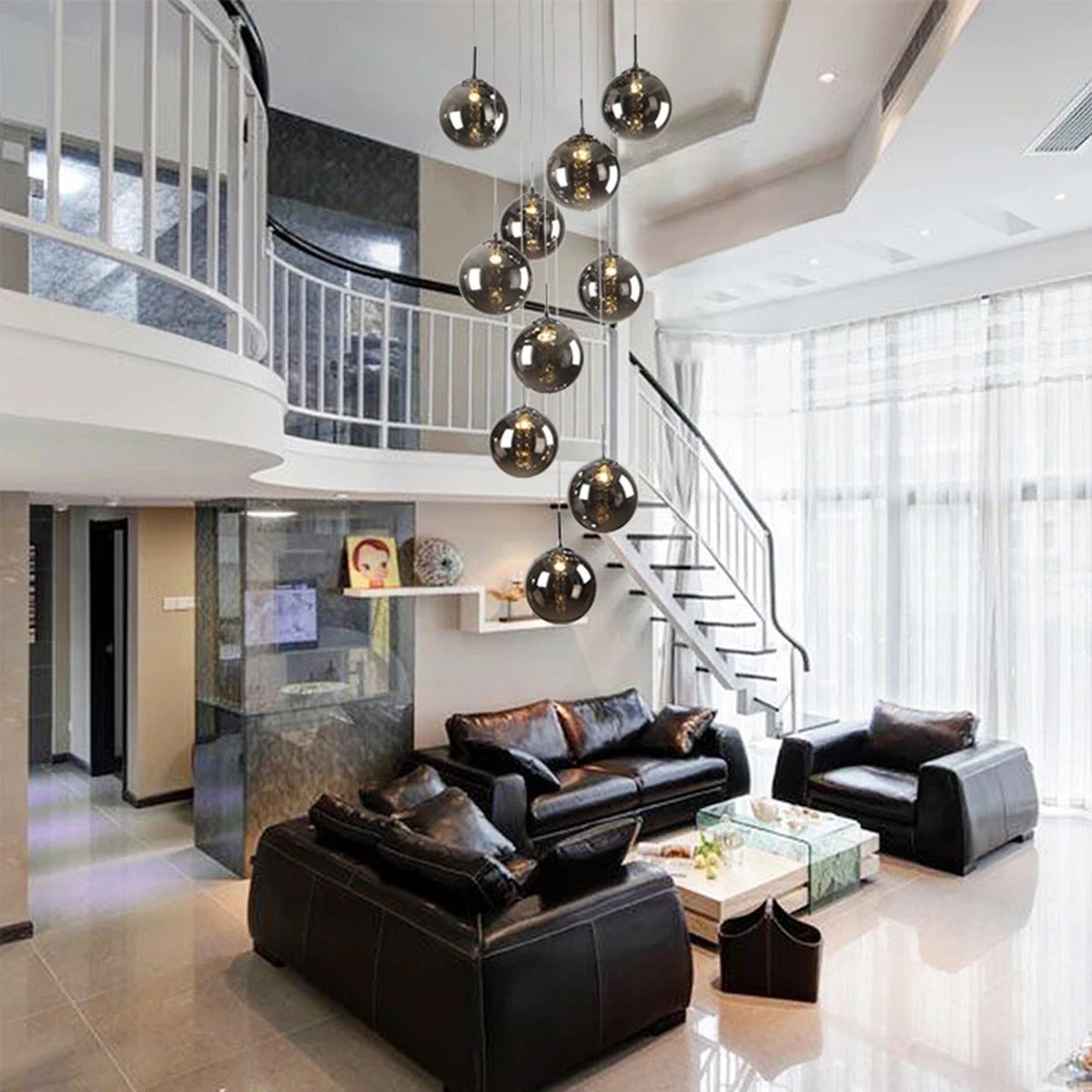 Raevox Glass Globe Spiral Chandelier – Smoked Grey Lifestyle