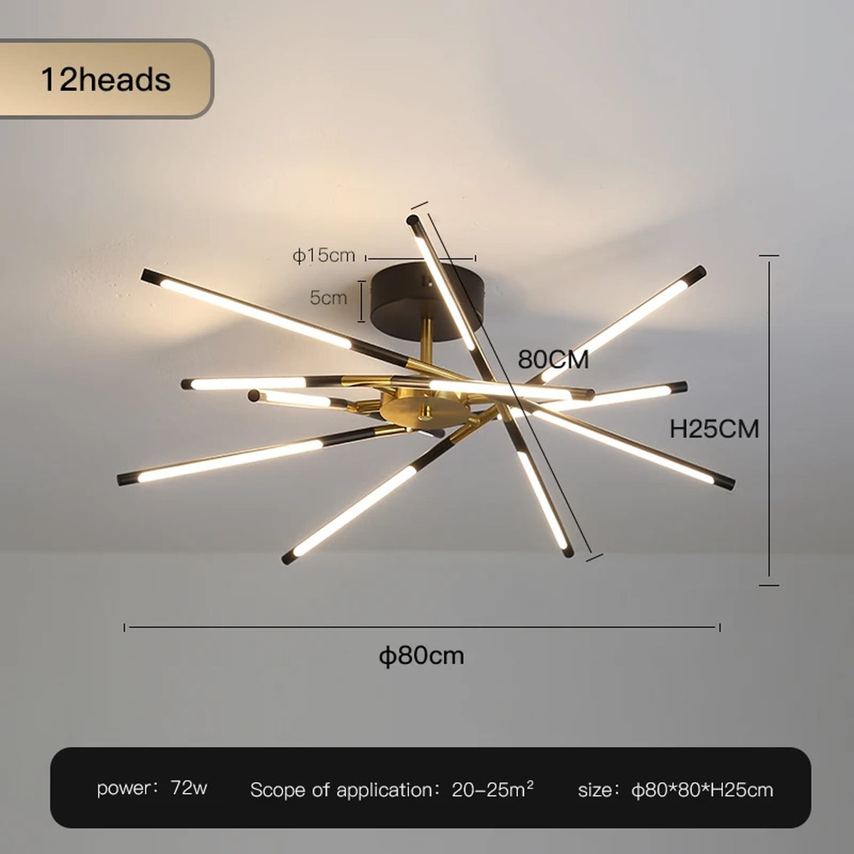 Solendra Black 12 Heads dimension diagram, 80cm diameter