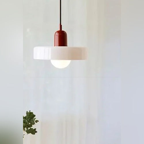 Colorful Glass Disc Pendant Light – Macarelle – Red + White Lifestyle