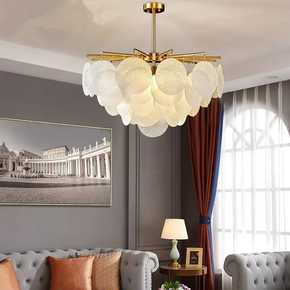 Gold Frame Frosted Glass Disc Chandelier – Harken – Hero Shot