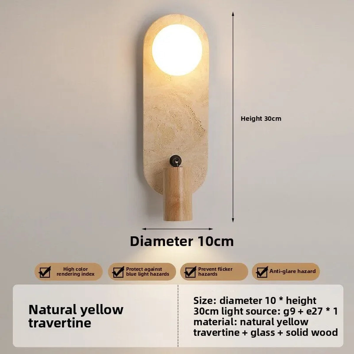 Travertine Wall Sconce Medivorn – Oval D10cm, Natural Wood