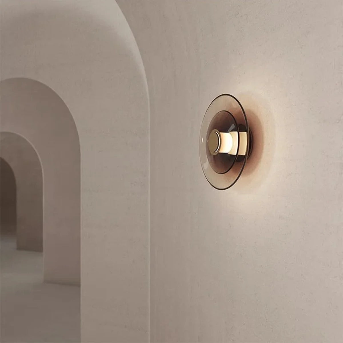 Smoked Glass Disc Brass Bar Wall Sconce – Cevanix – Lifestyle View 4