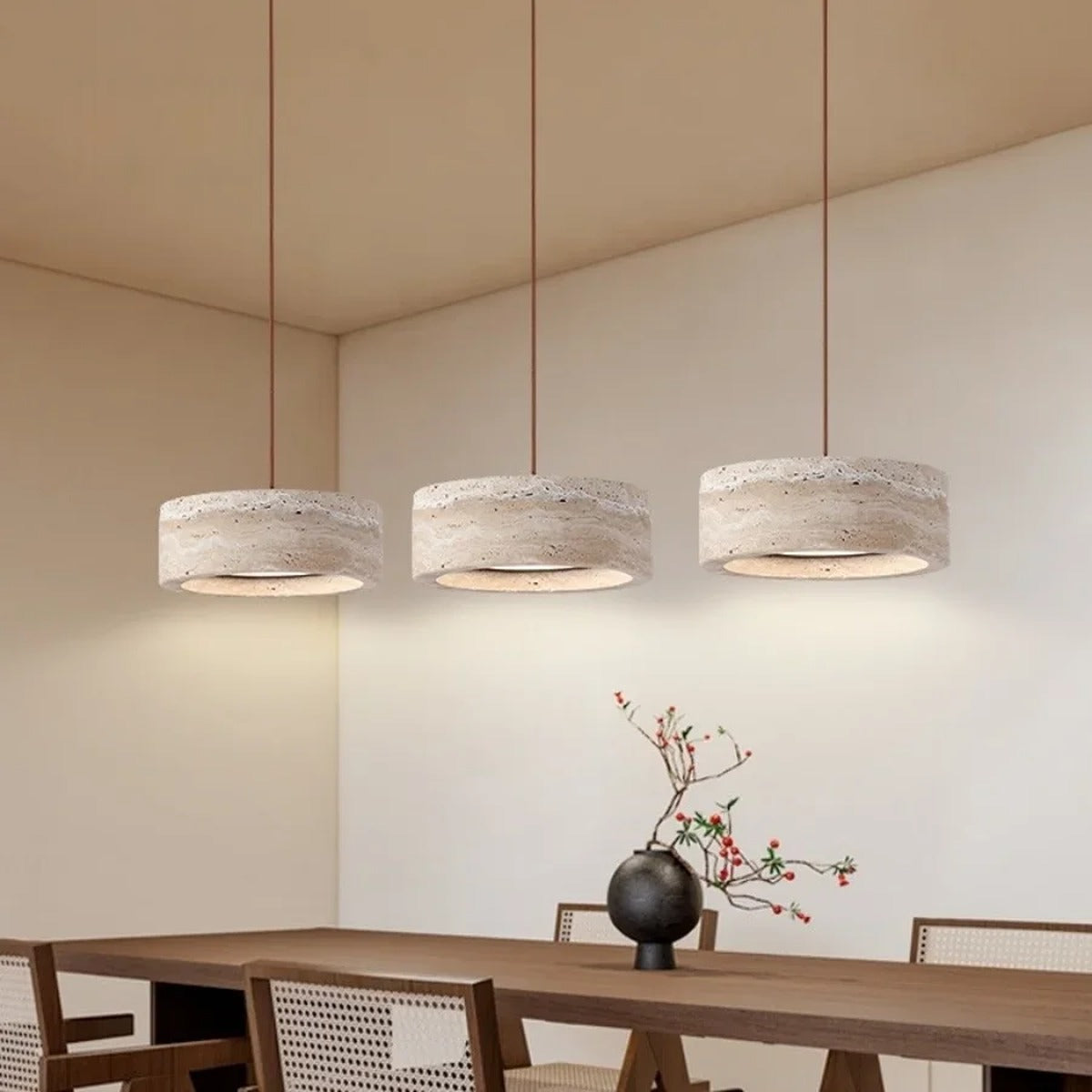Natural Travertine Disc Pendant Light – Iaeston – Lifestyle View 2