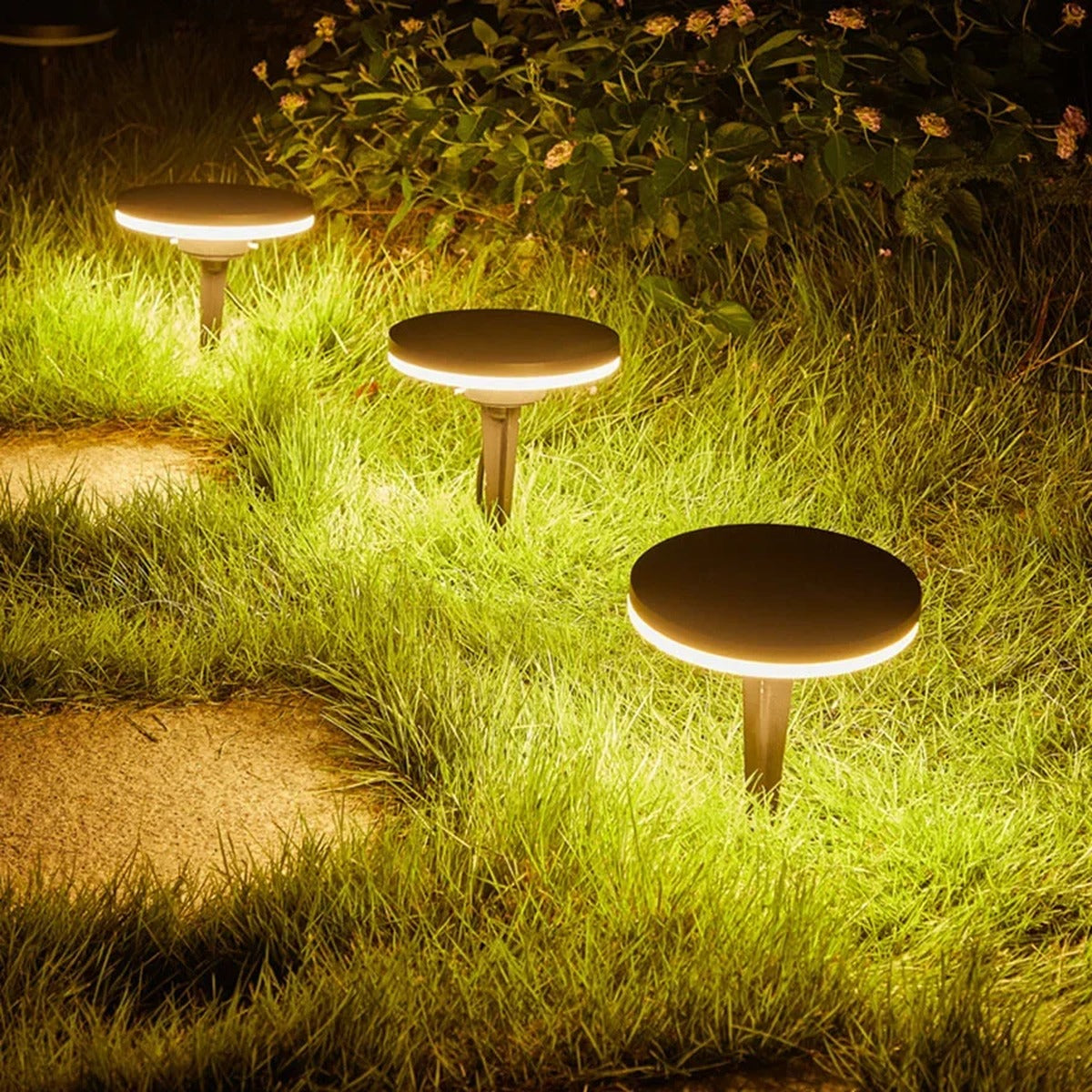 Gathrix ground lights glowing along a night garden path