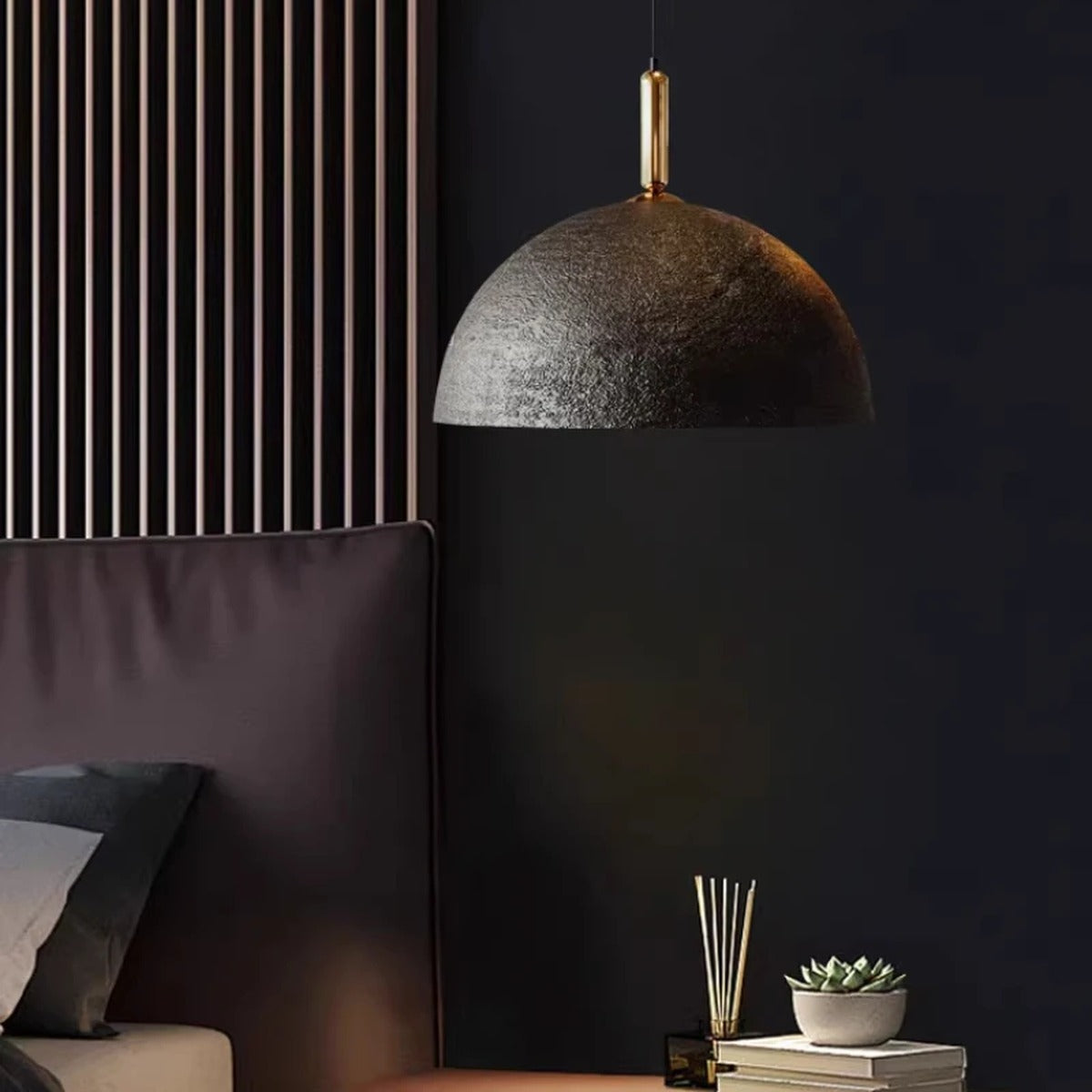 Oversized Textured Stone-Finish Dome Pendant Light – Warven – Lifestyle View 4