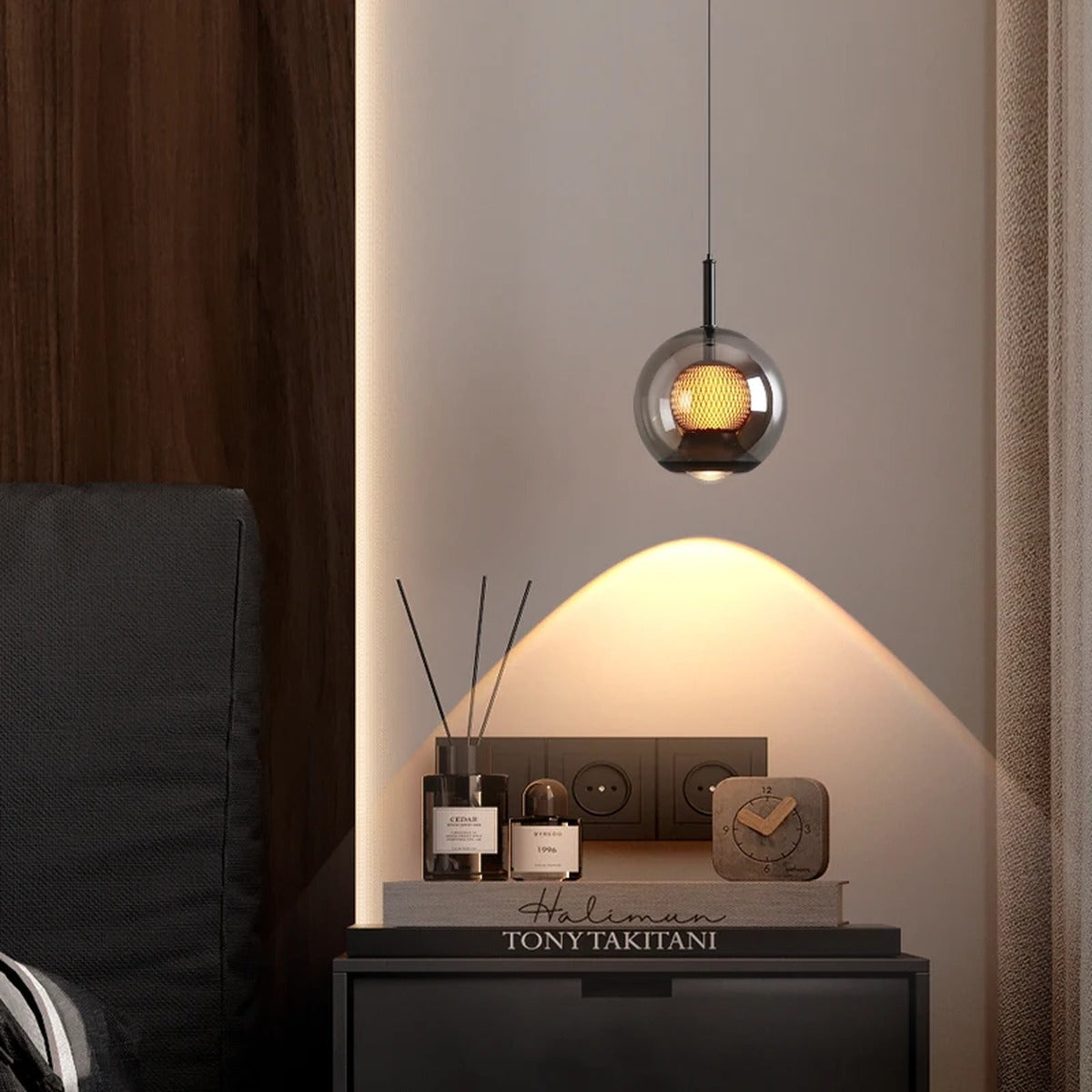 Glass Globe & Inner Mesh Pendant Light – Evrix – Bedside Lifestyle, Smoky Grey Glass