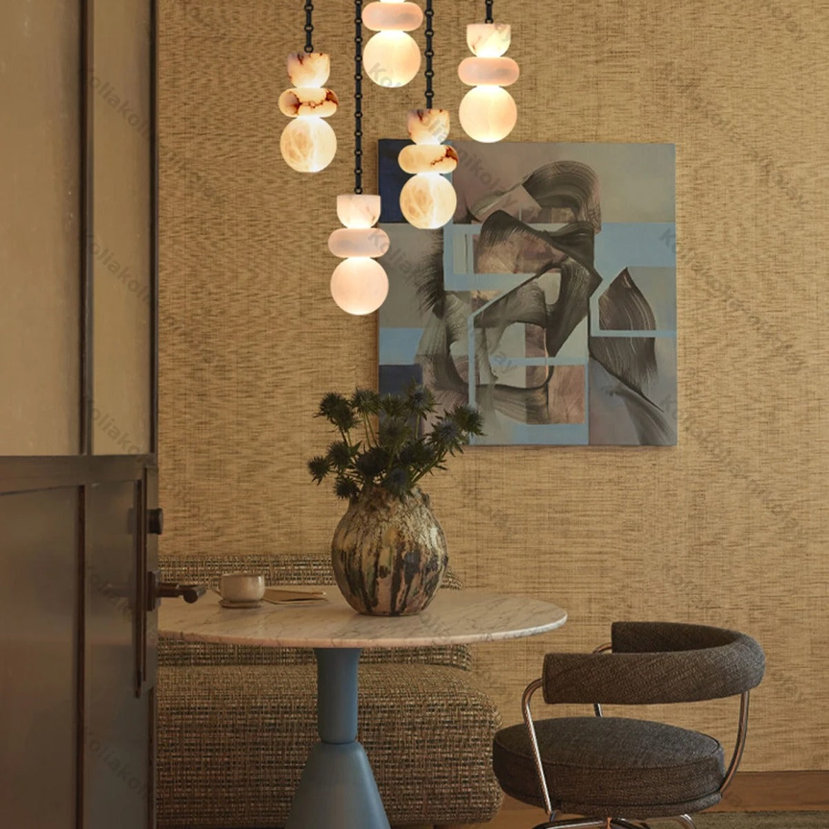 Stacked Alabaster Pebble Chain Pendant Light – Urven – Lifestyle View 3