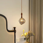 Organic Crumpled Glass Pendant Light Tolux — Walnut Neck, Smoky Grey glass, bedside setting