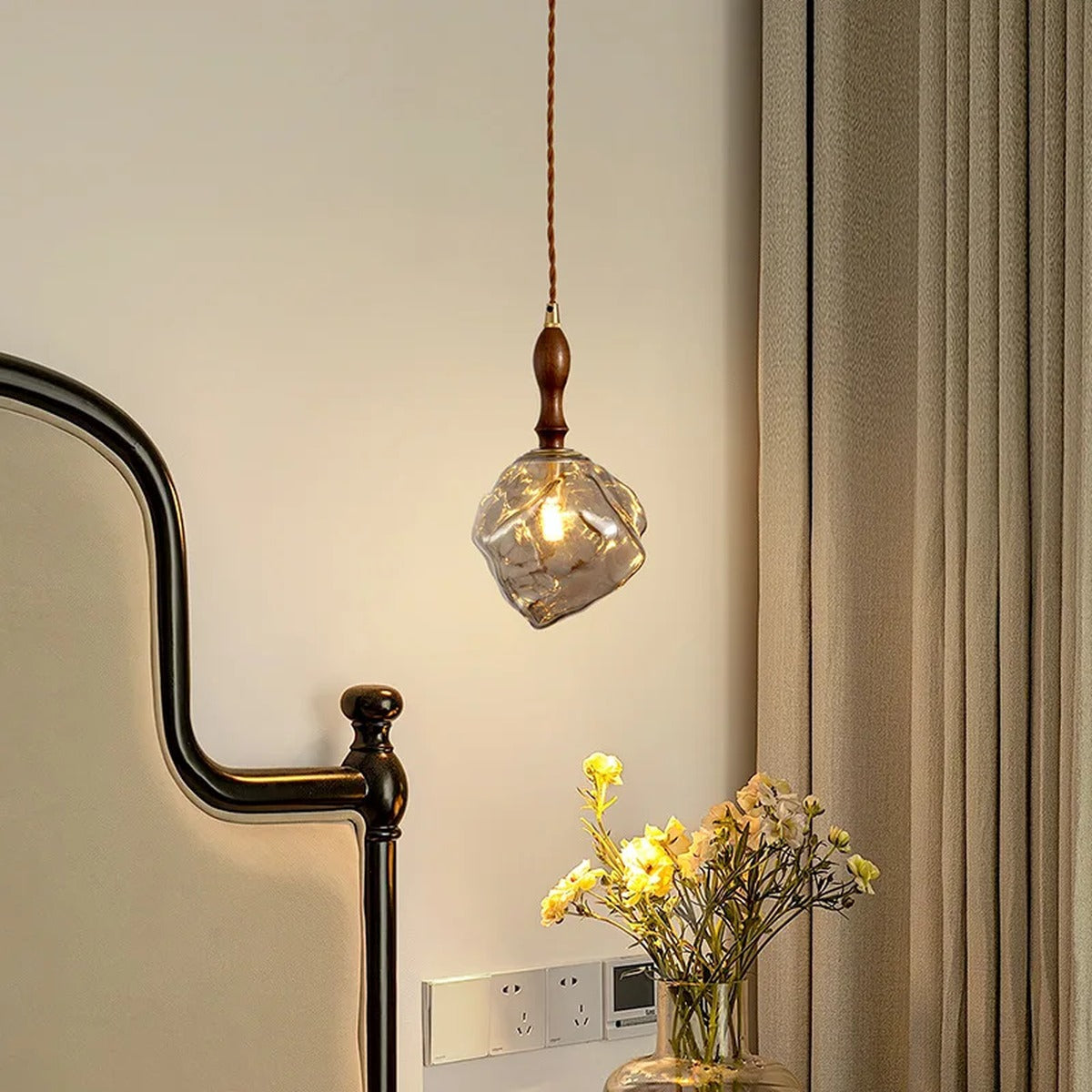 Organic Crumpled Glass Pendant Light Tolux — Walnut Neck, Smoky Grey glass, bedside setting
