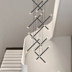 Atrivox architectural rod chandelier in matte black, staircase installation