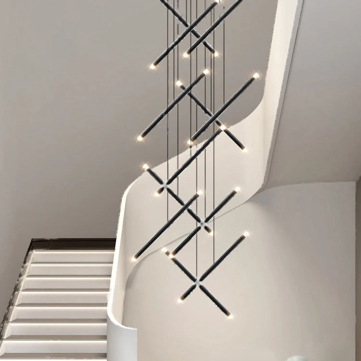 Atrivox architectural rod chandelier in matte black, staircase installation