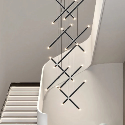 Atrivox architectural rod chandelier in matte black, staircase installation